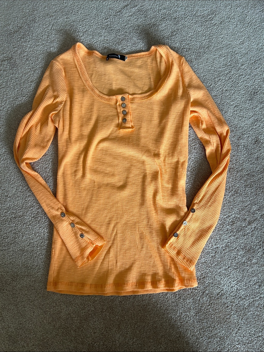 Kissfix Ribbed Henley Long Sleeve Top Peach Orange Medium